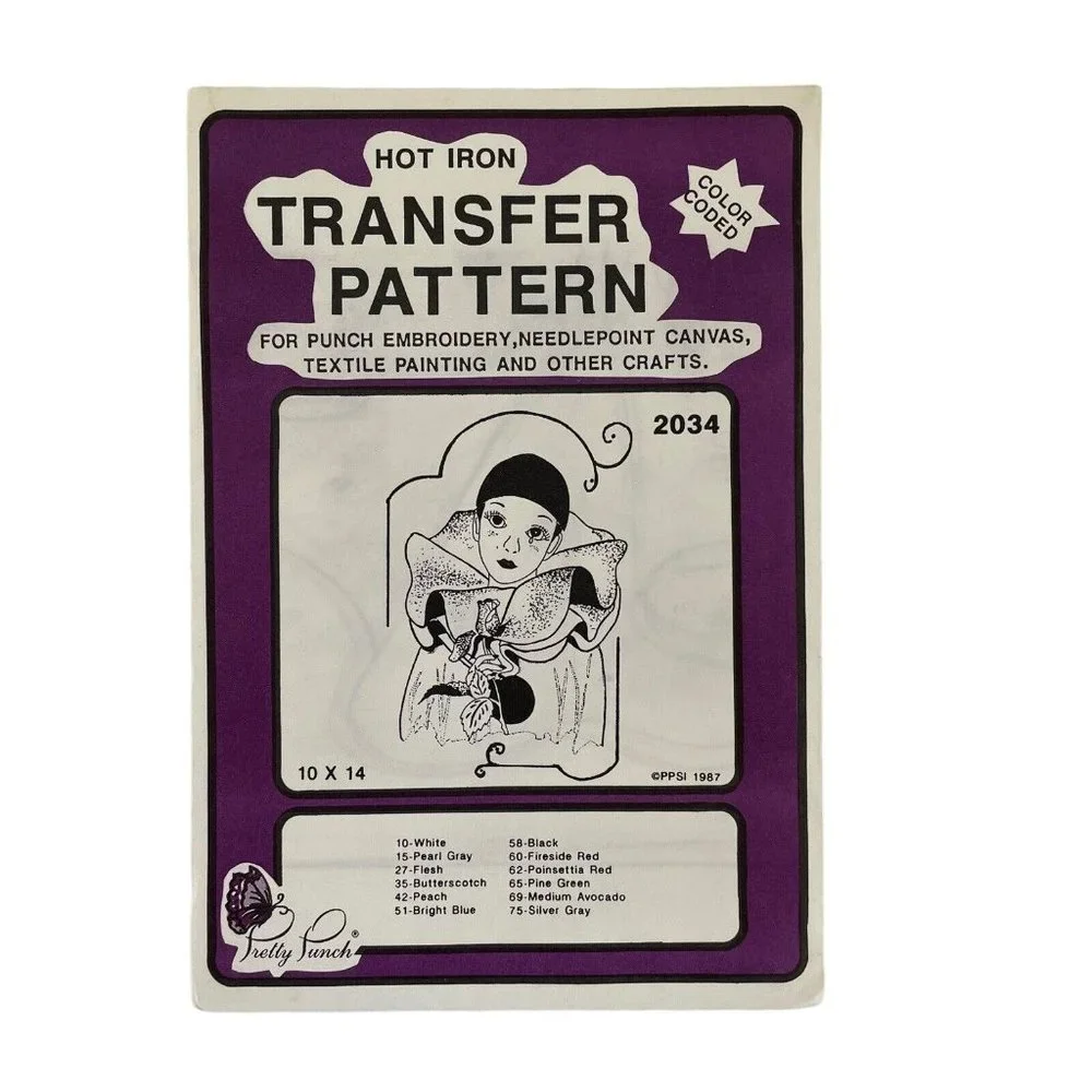 Pretty Punch Hot Iron Transfer Pattern‎ For Punch Embroidery Harlequin Clown Lot